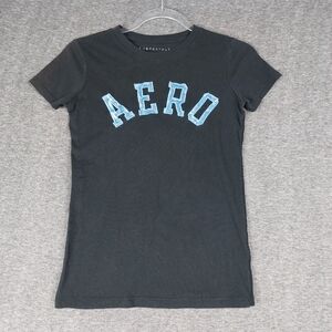 AEROPOSTALE WOMENS Y2K BLACK BLUE VELVET LOGO SPELLOUT SHORT SLEEVE TSHIRT SZ S